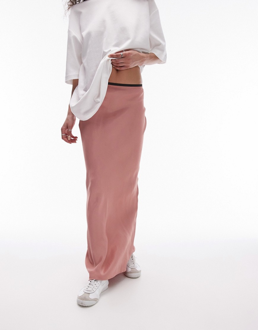 Topshop satin maxi bias skirt with elastic trim in pink