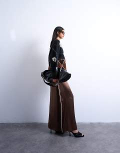 Satin maxi bias skirt with piping in chocolate