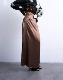 Model wearing Satin maxi bias skirt with piping in chocolate