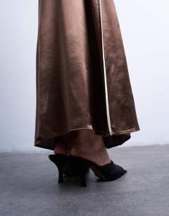 Model wearing Satin maxi bias skirt with piping in chocolate