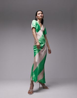 satin maxi dress with bust seam in green stripe print