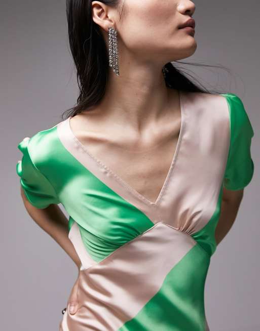 Topshop satin maxi dress with bust seam in green stripe print