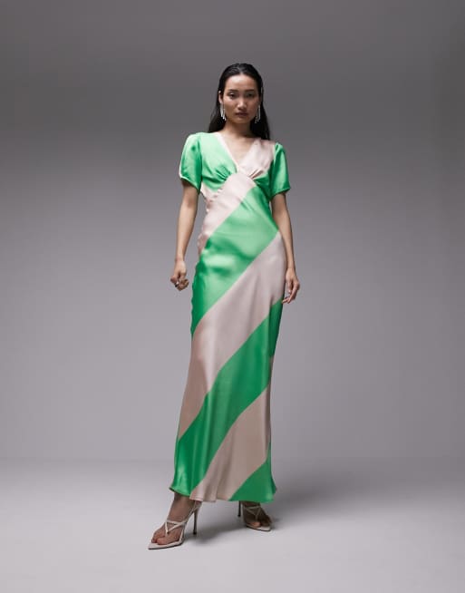 Topshop satin maxi dress with bust seam in green stripe print