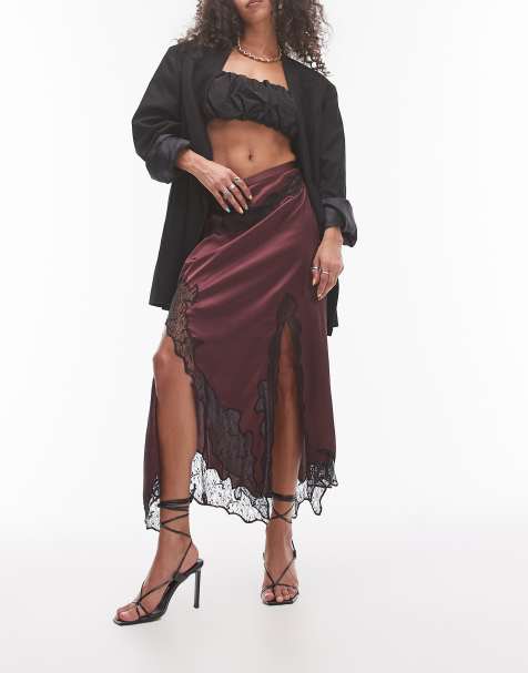 Topshop satin maxi skirt in burgundy with black lace - view 1
