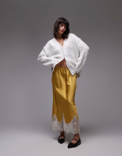 Topshop satin maxi skirt in chartreuse with ivory lace, 5 of 5