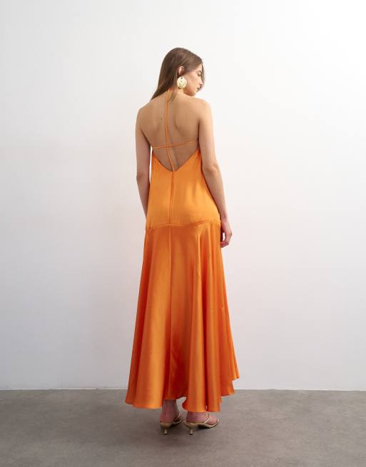 Topshop – Satin-Maxikleid in Rostorange mit Ziernaht und paspelierten Rändern, 4 von 4