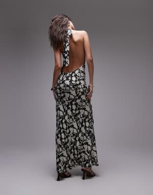 Topshop - Satin-Maxikleid mit Neckholder, hohem Wasserfallausschnitt und Blumenmuster-Bunt