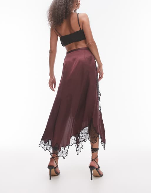 Topshop – Satin-Maxirock in Burgunderrot mit schwarzem Spitzenbesatz, 3 von 5