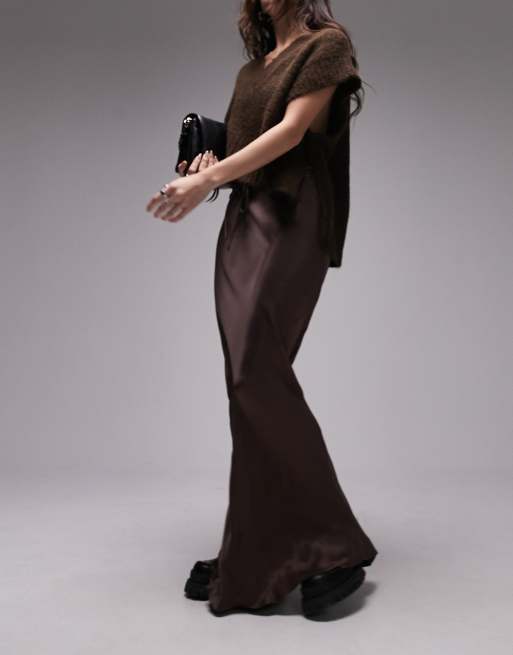 Topshop – Satin-Maxirock in dunklem Schokobraun mit Tunnelzug