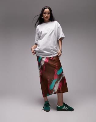 satin midi skirt in neon brushtroke print-Multi