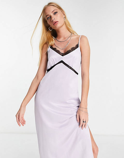 Dresses Topshop satin midi slip dress in lilac with contrast black lace 