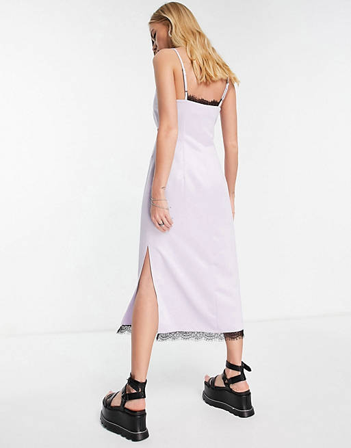 Dresses Topshop satin midi slip dress in lilac with contrast black lace 
