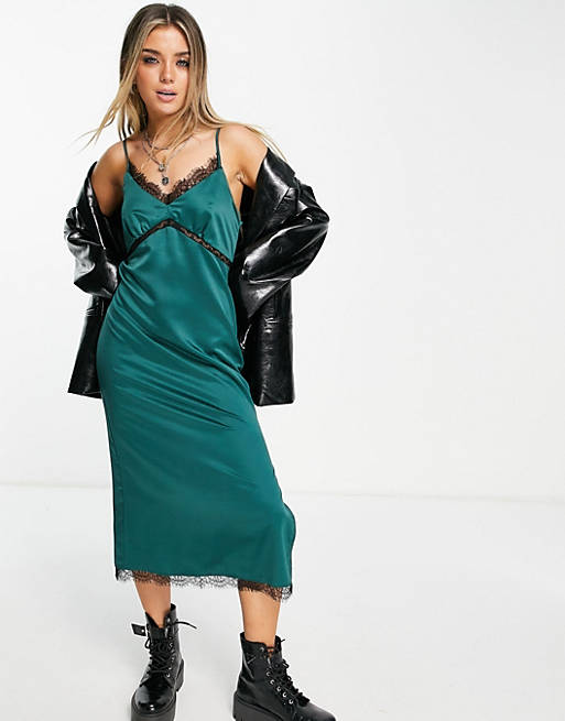 Topshop satin midi slip with contrast black lace in green