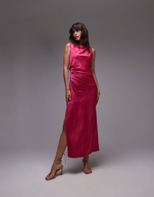 Topshop - Satin-Midikleid in Rosa mit geknoteter Schulterpartie und Biesenfalte in der Taille-Keine Farbe