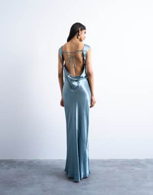 Topshop - Satin-Midikleid in Slate mit Rückenausschnitt-Grau