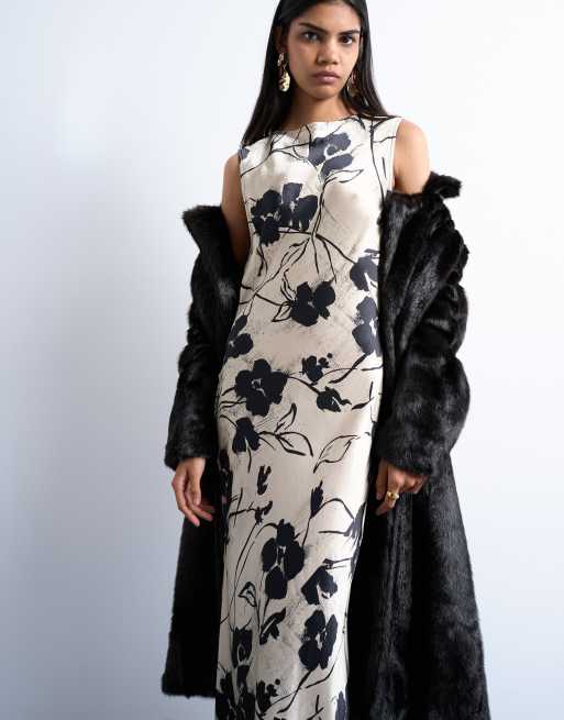 Topshop – Satin-Midikleid in Weiß mit schwarzem Blumenmuster und Rückenausschnitt, 2 von 4