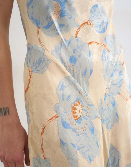 Topshop – Satin-Midikleid mit Racer-Ausschnitt und blauem Jacquard-Blumenmuster, 3 von 4