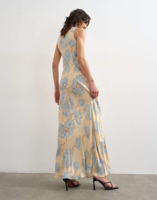 Topshop – Satin-Midikleid mit Racer-Ausschnitt und blauem Jacquard-Blumenmuster, 4 von 4