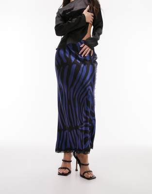 Topshop zebra print satin midi skirt in navy with black lace trim  - ASOS Price Checker