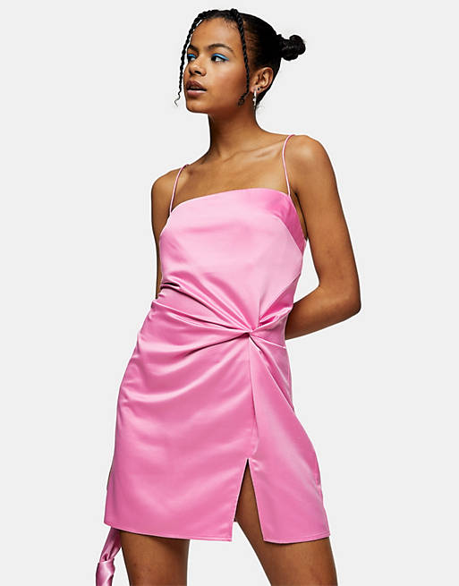 Topshop satin mini dress with knot detail in pink