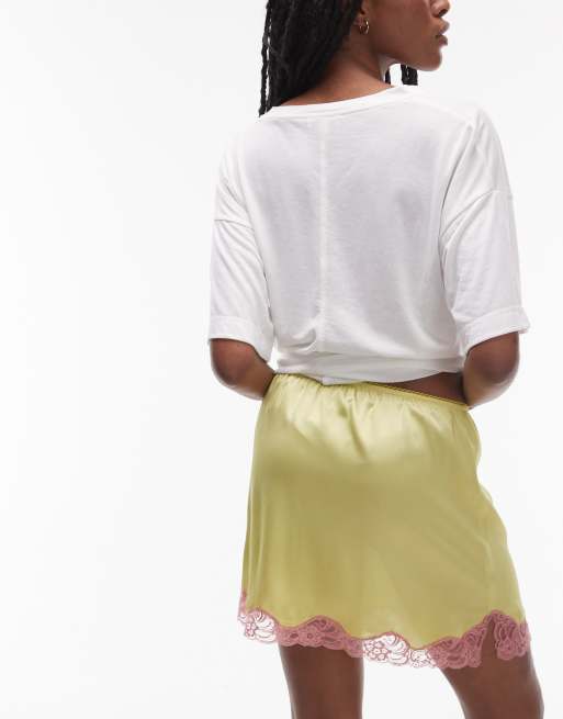 Topshop satin mini slip skirt in lime with pale pink lace