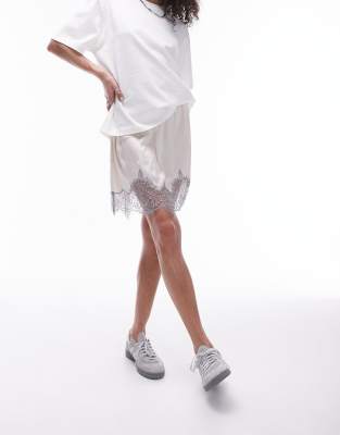 Topshop Satin Mini Slip Skirt In Oyster With Charcoal Lace white ModeSens