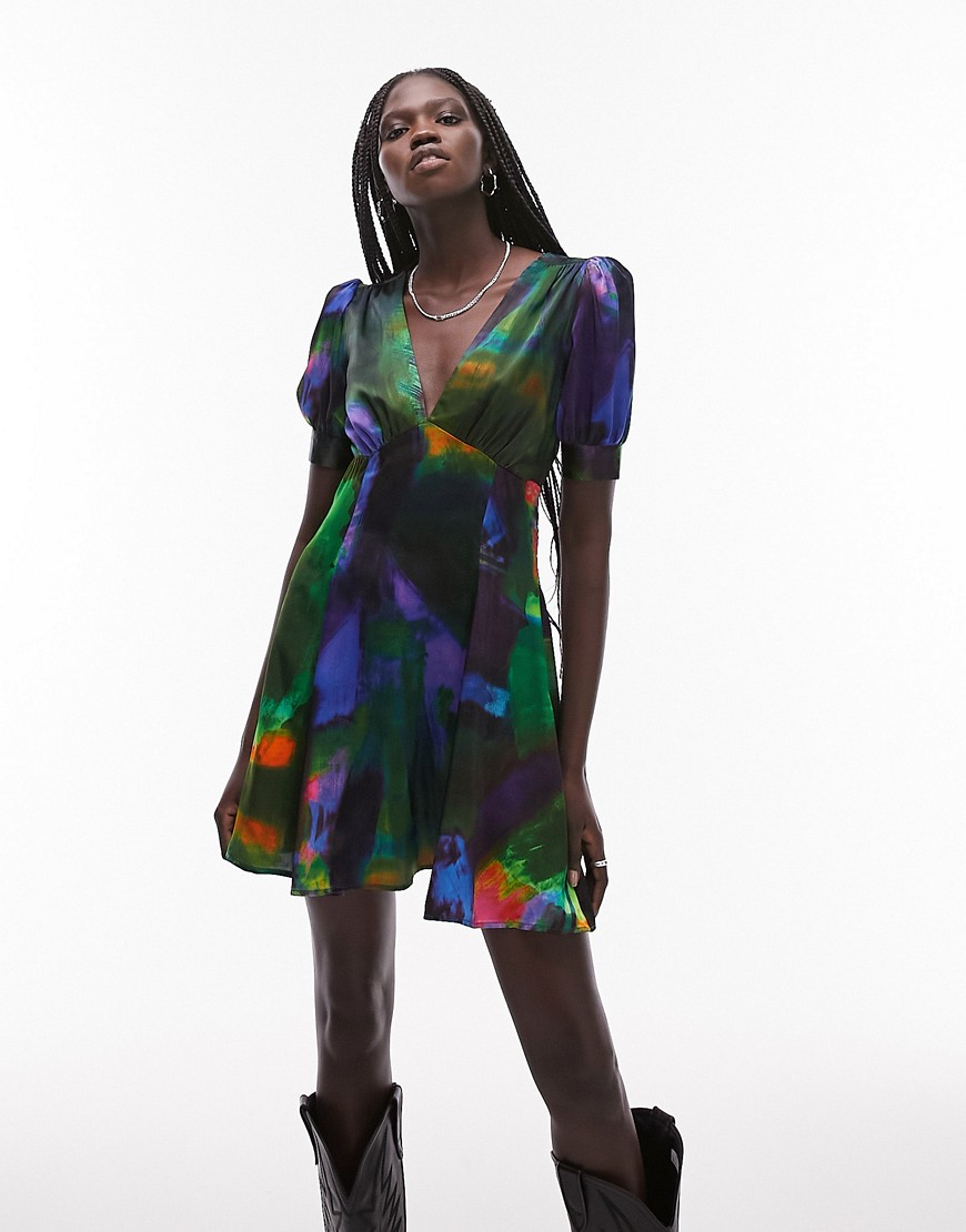 Topshop satin mini tea dress in abstract print-Multi