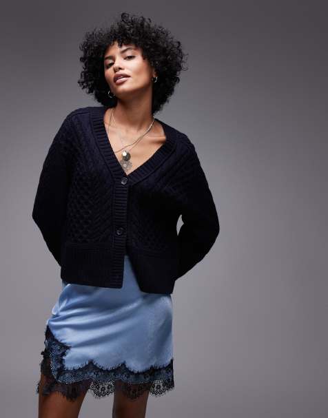 Topshop – Satin-Minirock in Blassblau mit Besatz aus marineblauer Spitze - view 1