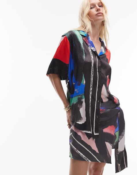 Topshop satin oversized resort shirt in tile scarf print - view 1