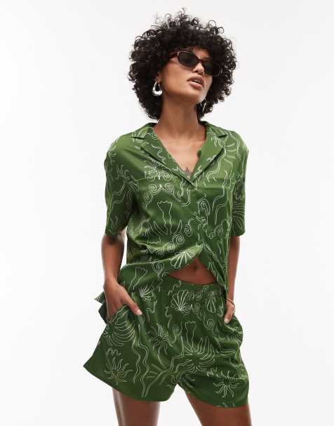 Topshop co ord satin palm tree shorts in green