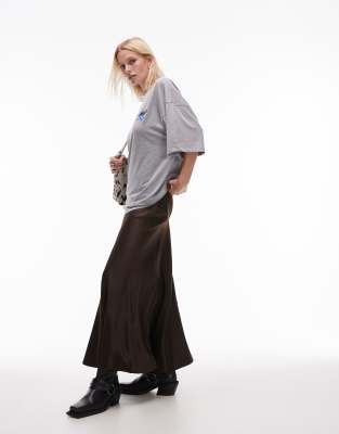 satin paneled seam godet maxi skirt in cocoa-Brown