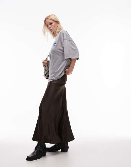 Topshop satin paneled seam godet maxi skirt in cocoa