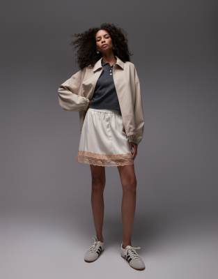 satin petticoat mini skirt in oyster with lace contrast trim-White