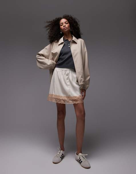 Topshop satin petticoat mini skirt in oyster with lace contrast trim - view 1