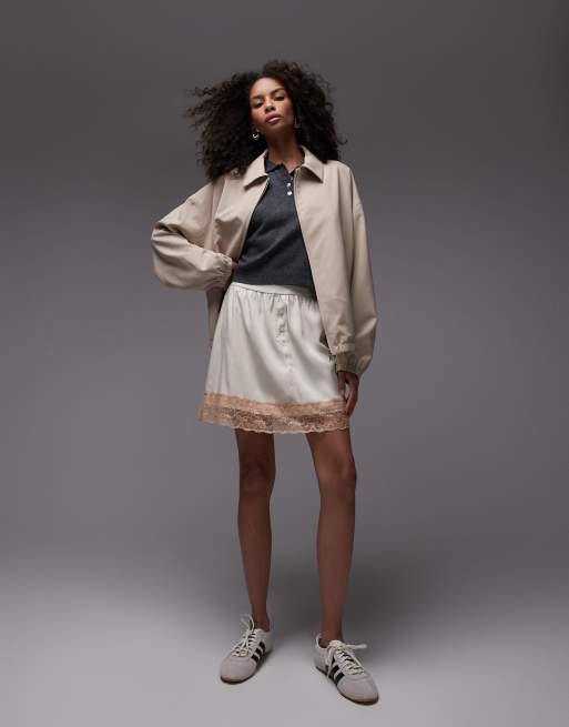 Topshop satin petticoat mini skirt in oyster with lace contrast trim