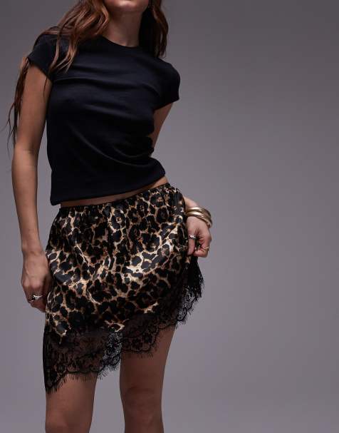 Topshop satin petticoat skirt in leopard with black lace - view 1