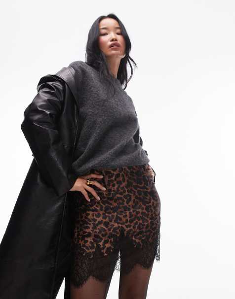 Topshop satin petticoat skirt in leopard with black lace - view 1