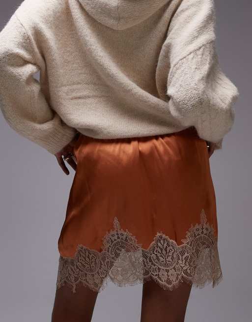 Topshop satin petticoat skirt in rust with tea-stained lace, 2 of 5