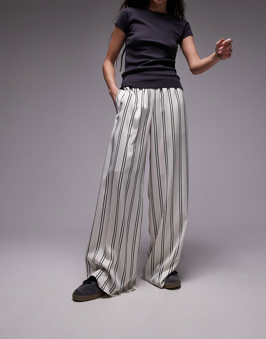 Topshop Satin Pinstripe Wide Leg Pull On Pants In White