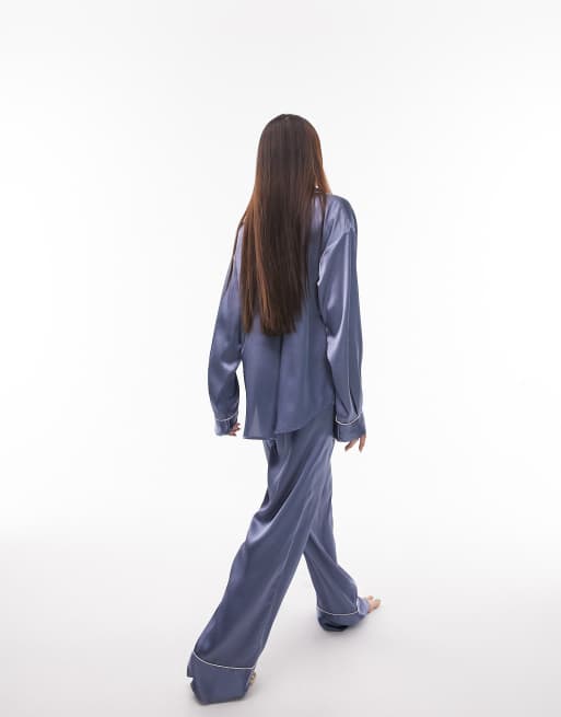 Topshop satin piped pajama shirt and pants in blue