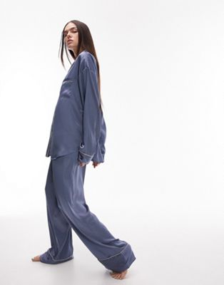 Topshop satin piped pyjama shirt and trouser in blue