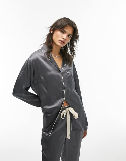 Topshop satin piped shirt pants pajama set in slate gray