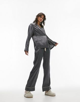 Topshop satin piped shirt & trouser pyjama set in slate grey