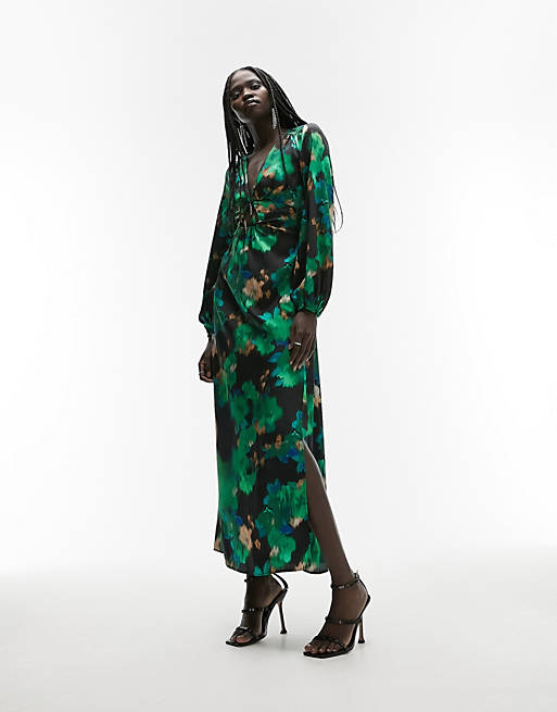 Topshop satin plunge neck dress with tie detail in blurred green floral ...