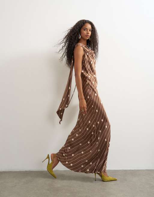 Topshop satin polka dot asymmetric maxi dress in chocolate, 2 of 4