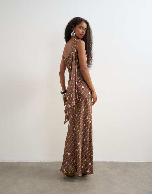 Topshop satin polka dot asymmetric maxi dress in chocolate, 4 of 4