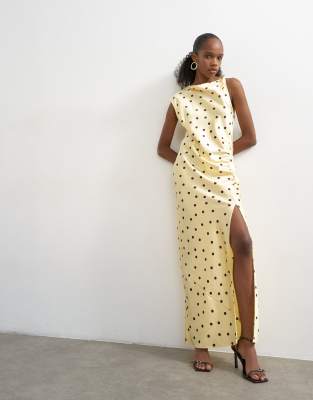 Topshop Satin Polka Dot Ruched Tie Shoulder Maxi Dress In Yellow