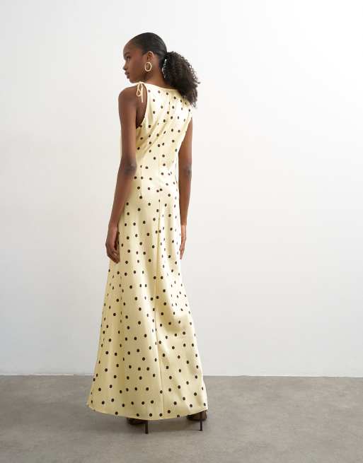 Topshop satin polka dot ruched tie shoulder maxi dress in yellow, 3 of 4