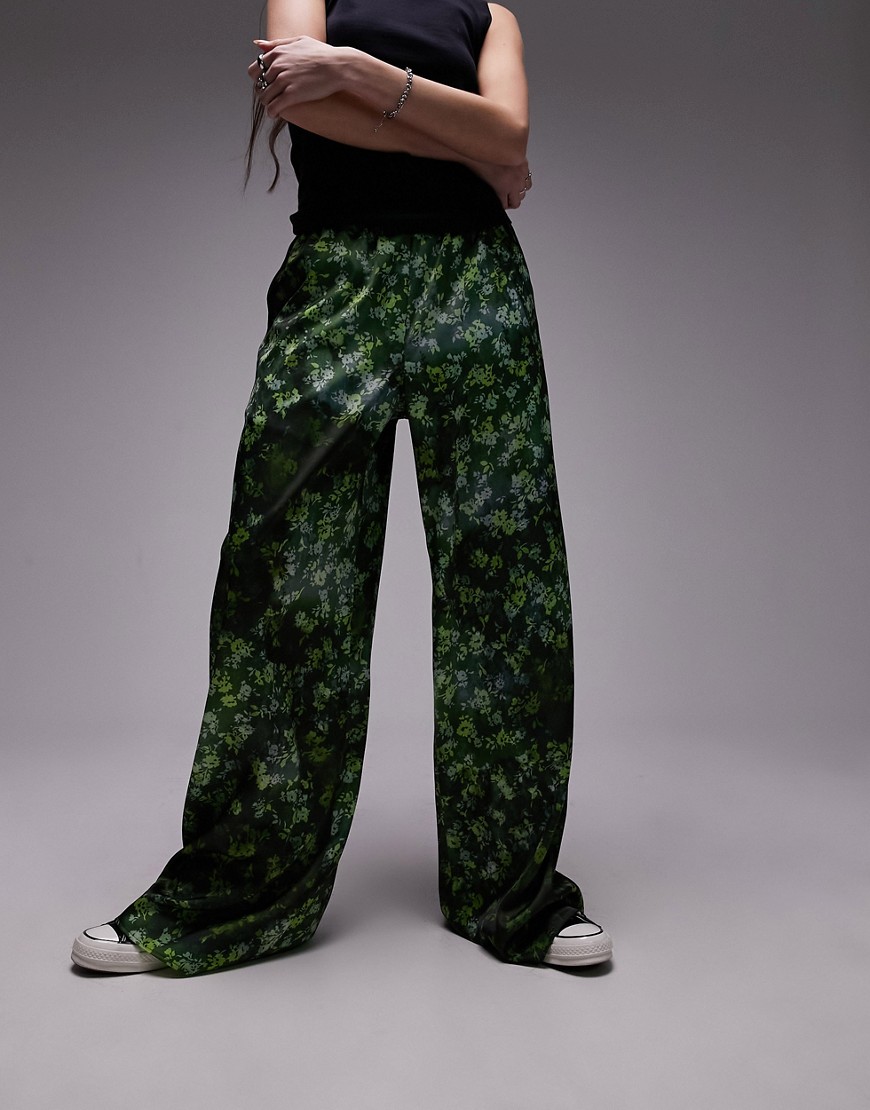 Topshop Satin Print Wide Leg Pull On Pants In Green