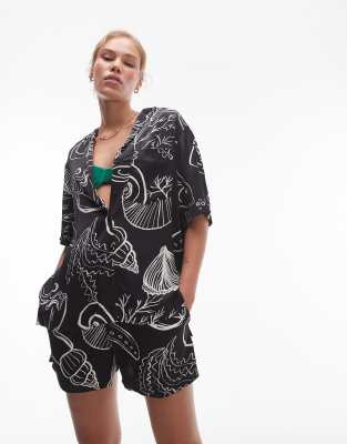 Topshop Satin Printed Shell Shorts In Black - Part Of A Set